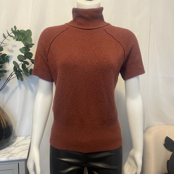 Yet again Knit Sweater Barbiecore High Neckline Shortsleeve Solid Color Slim Fit - Picture 2 of 5